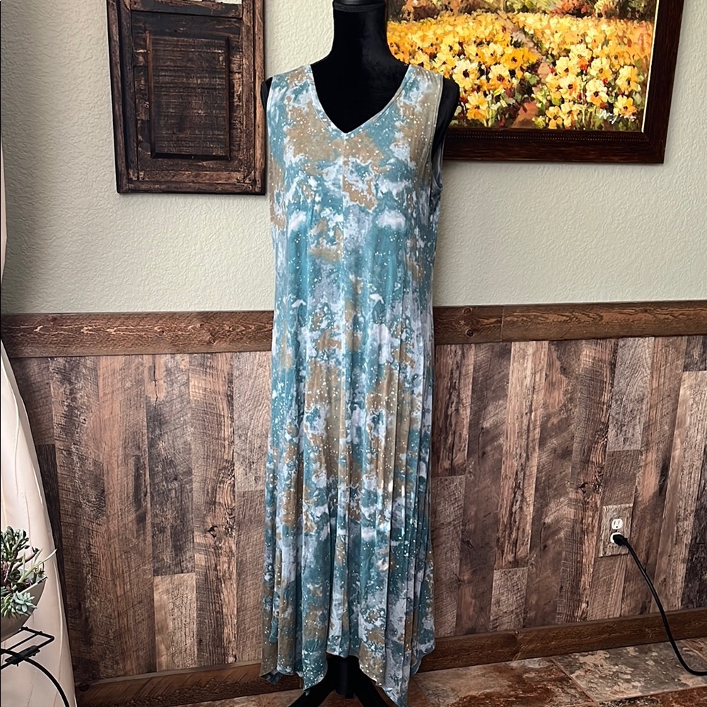 LOGO by Lori Goldstein Blue Khaki White Sleeveless Maxi Sundress! Size M